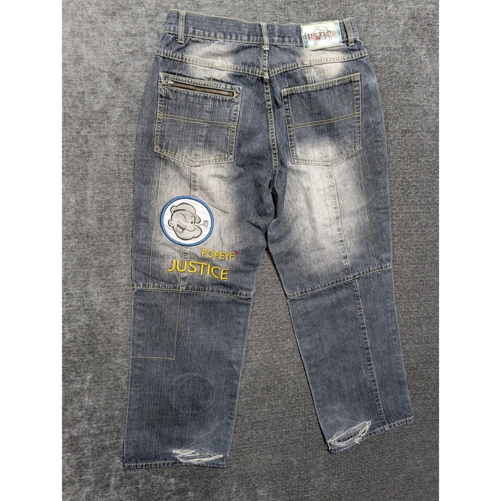 Justice Denim Popeye the Sailor Man Y2K Wide Leg Jeans Blue Embroidered 32x27 - Picture 2 of 10